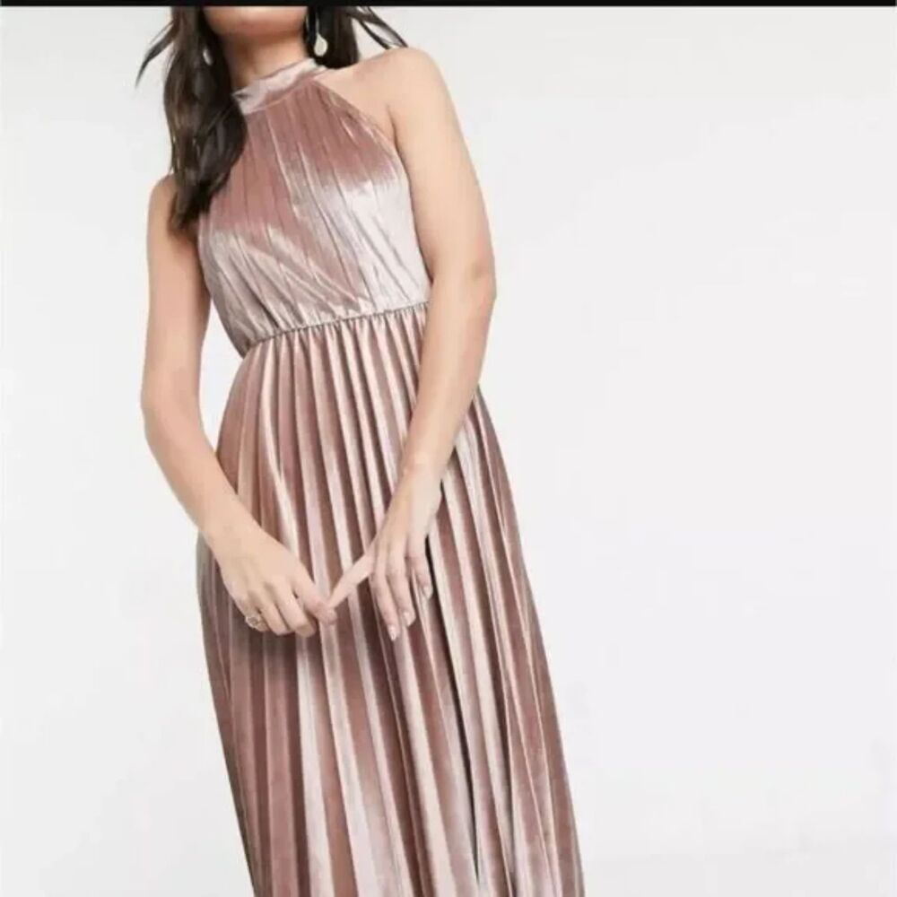 ASOS High Neck Pleated Champaign Pink Formal Maxi Dress Velvet Size 8 Chic Glam - Picture 5 of 16